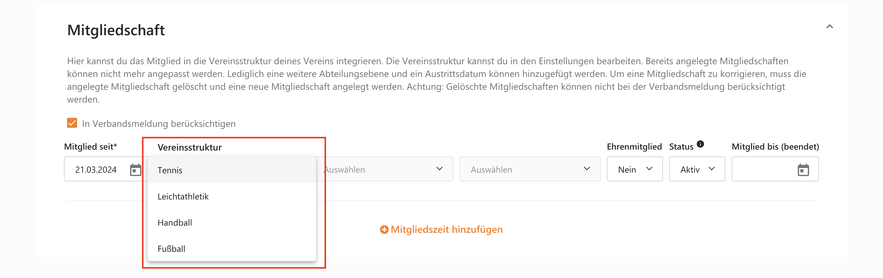 Vereinsstruktur auswählen im Mitgliedsprofil