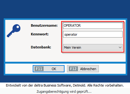 Anmeldefenster Software OPERATOR