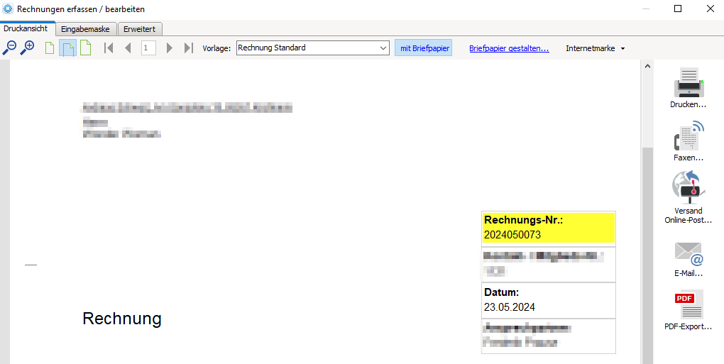 Druckansicht Rechnung mit Rechnungsnummer