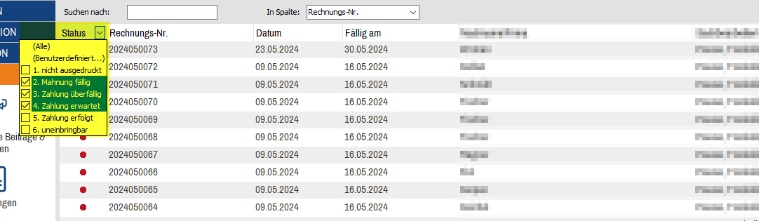 Gefilterter Status Rechnungen