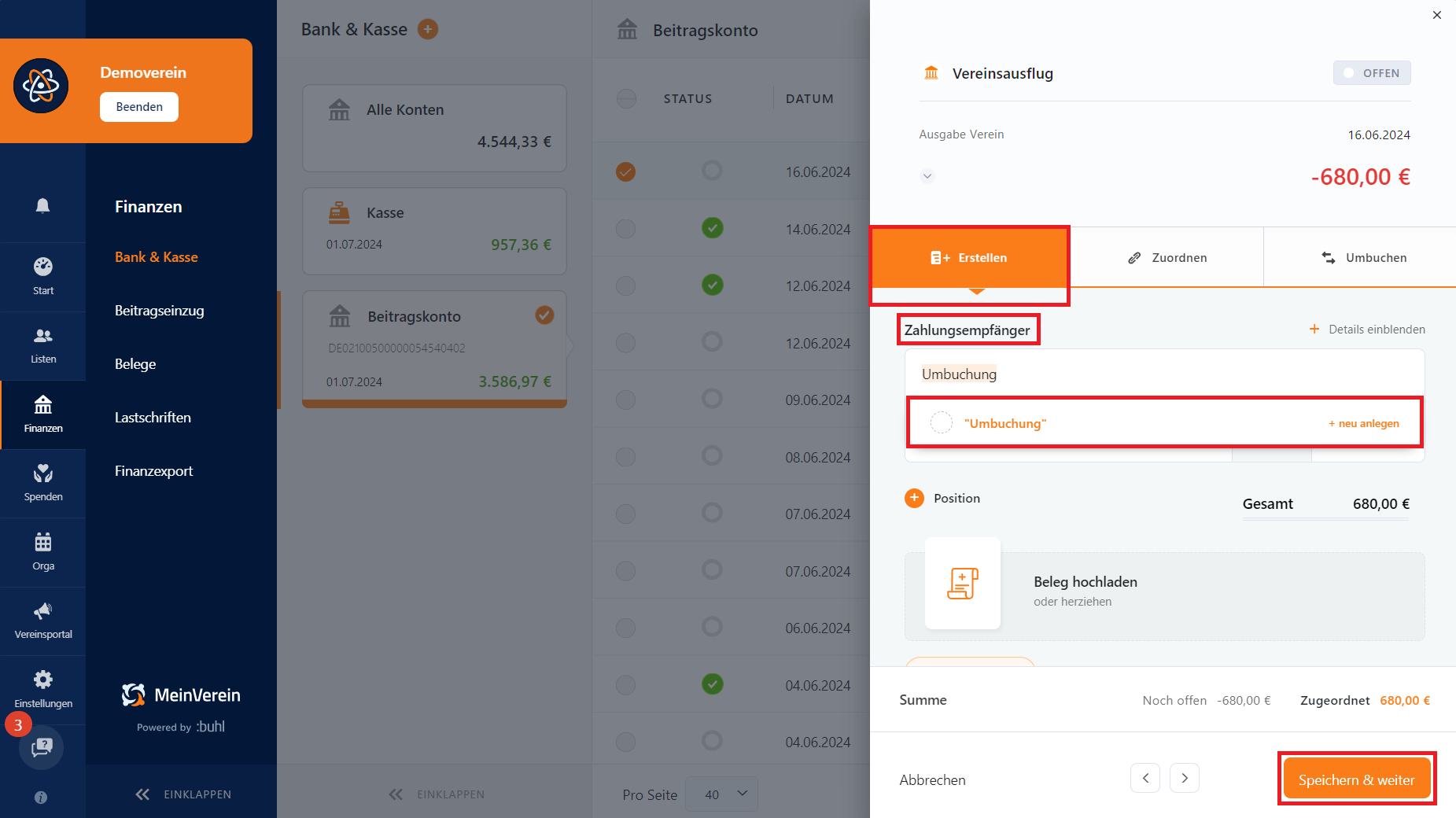 Beleg erstellen und als "Umbuchung" speichern