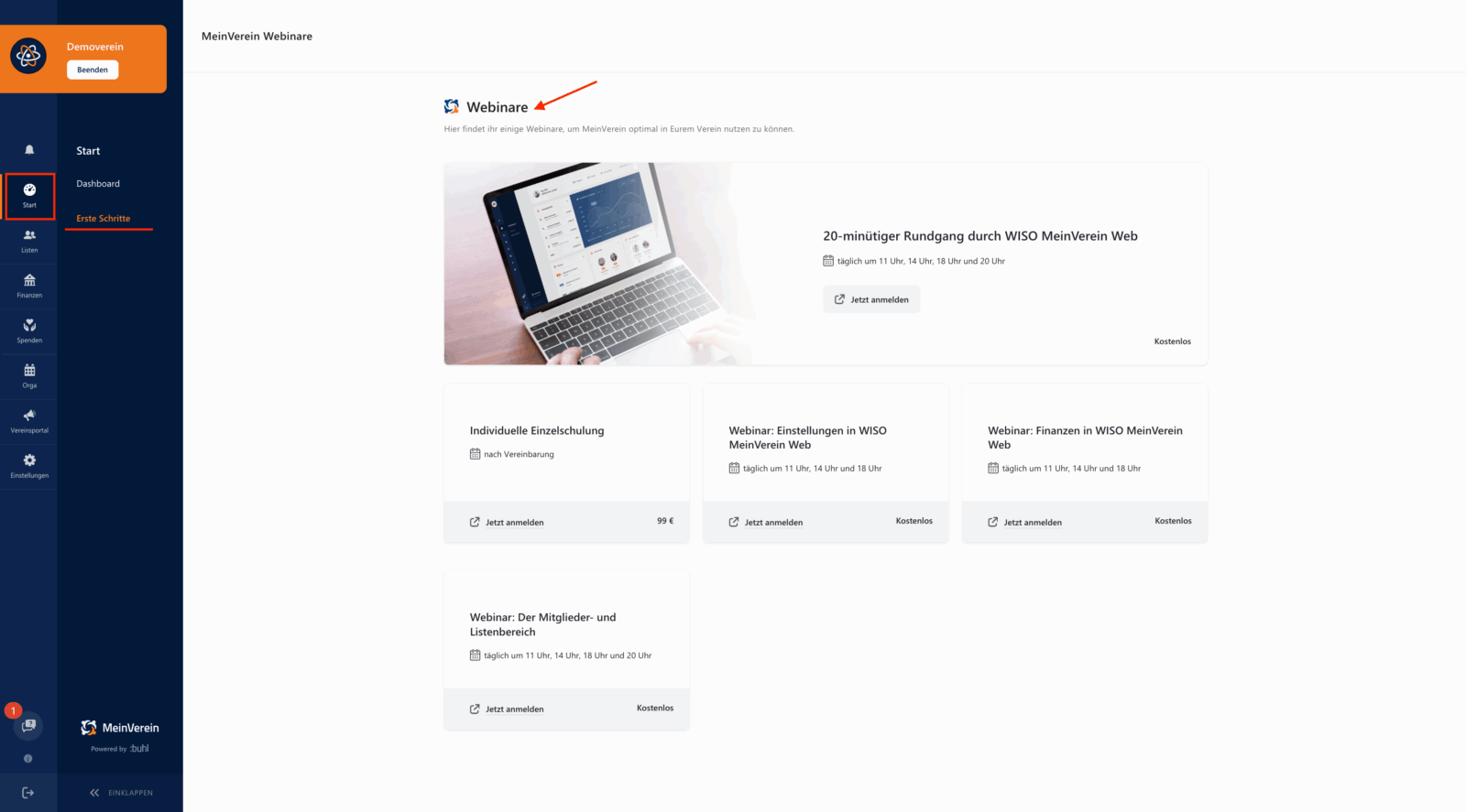 MeinVerein Webinare in der Anwendung