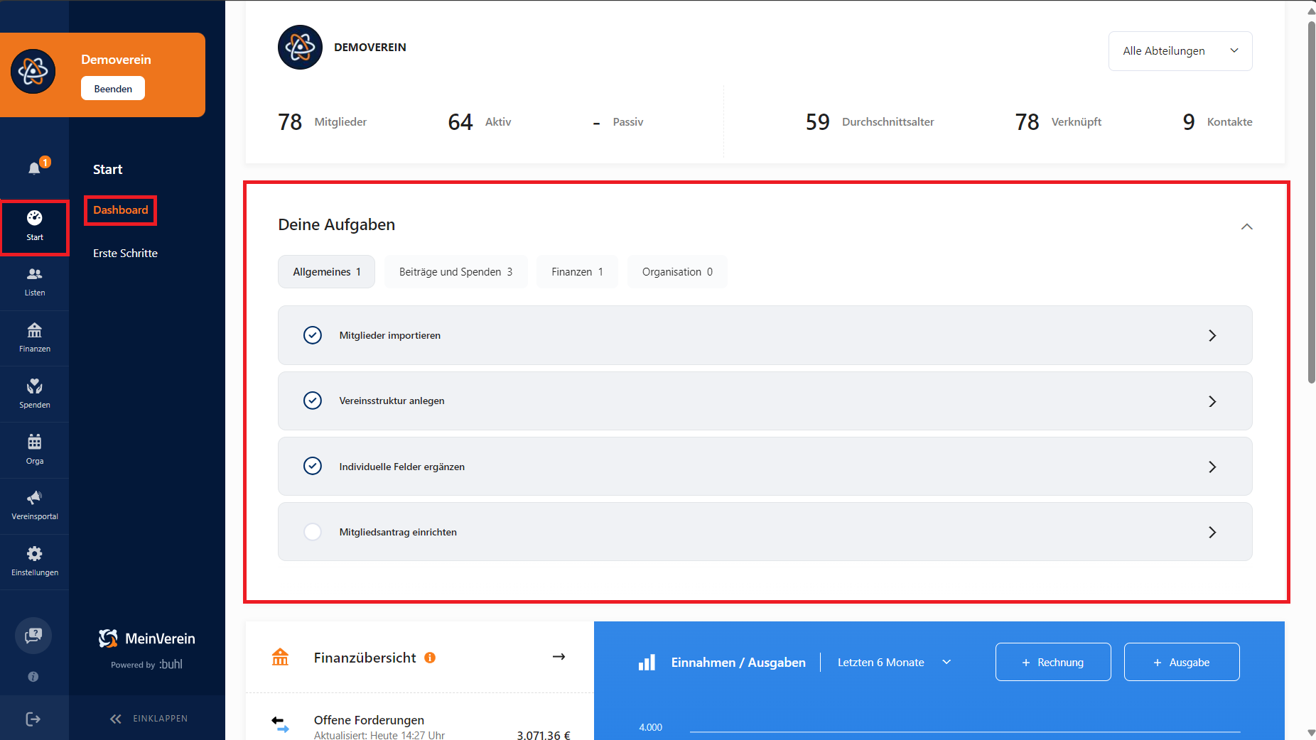 Erweitertes Dashboards in WISO MeinVerein Web