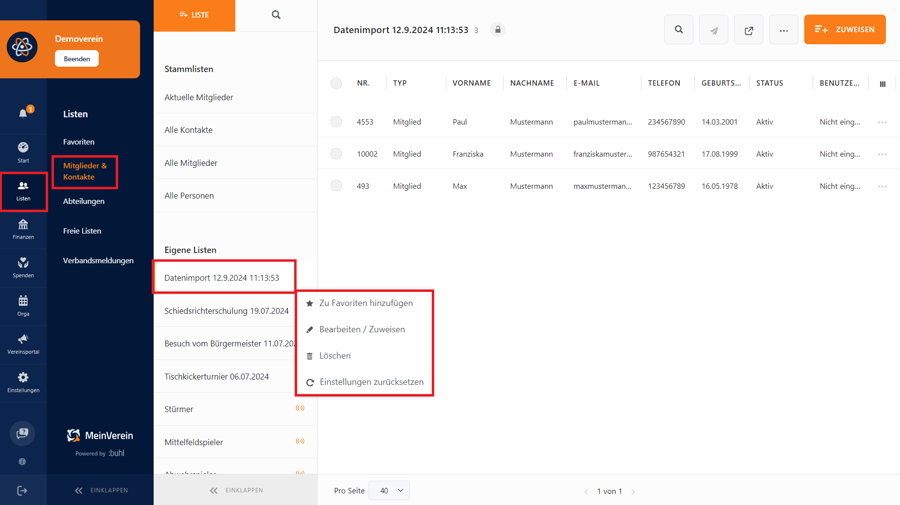 Mitgliederliste aus Datenimport und Bearbeitung