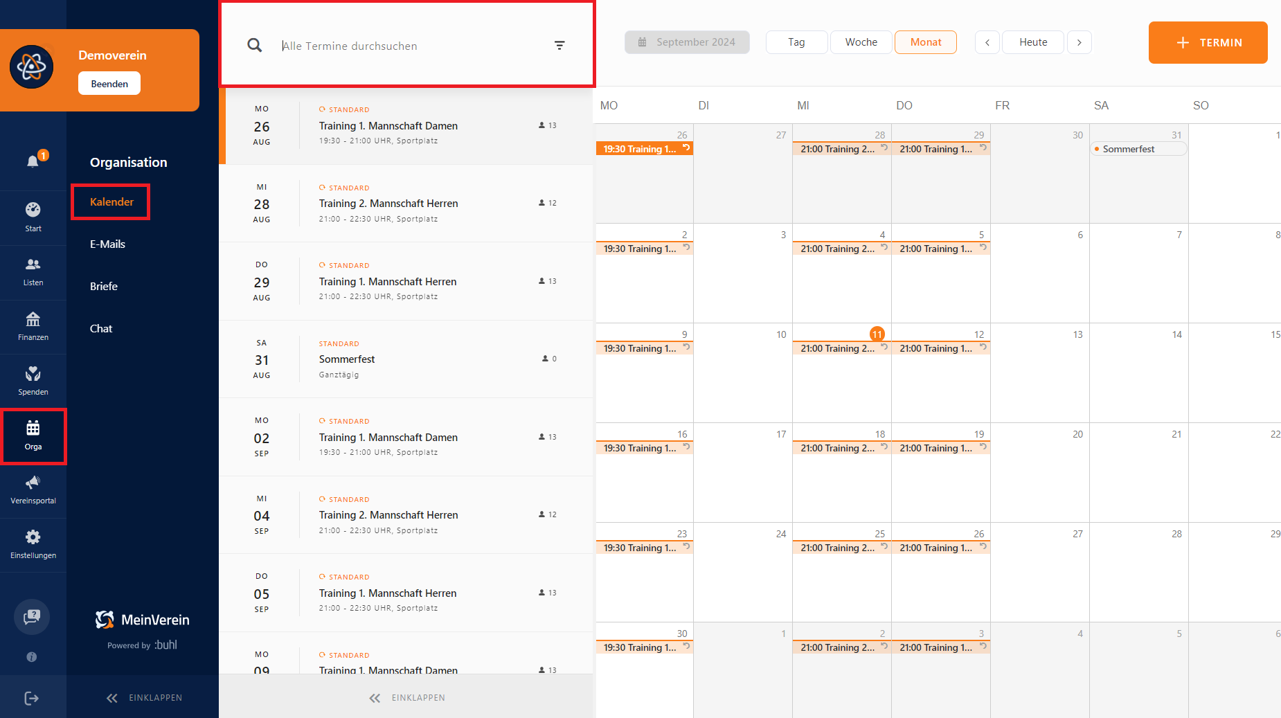 Suchfunktion beim Kalender in WISO MeinVerein Web